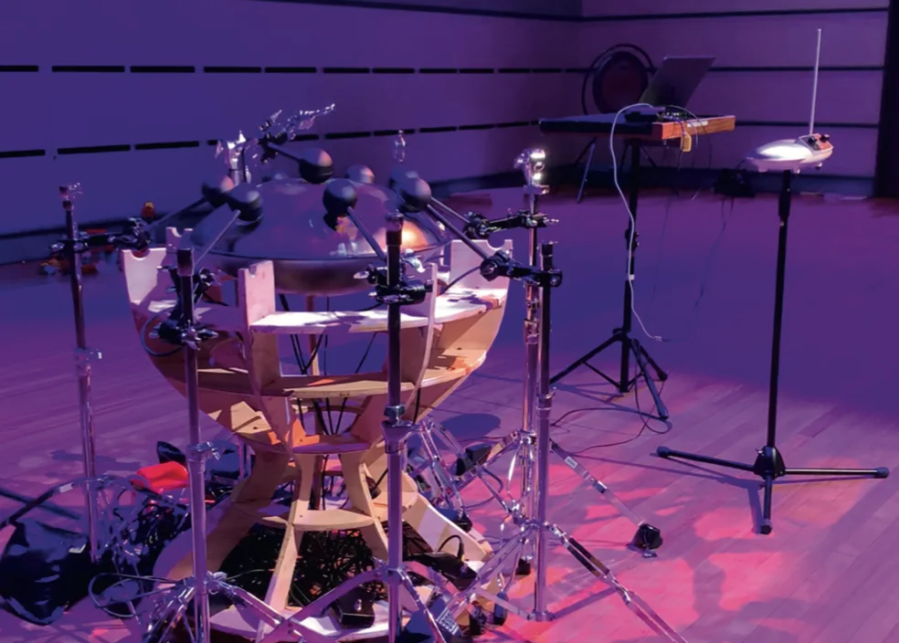 Jon Drummond's robotic handpan and gesture interface prepared for performance